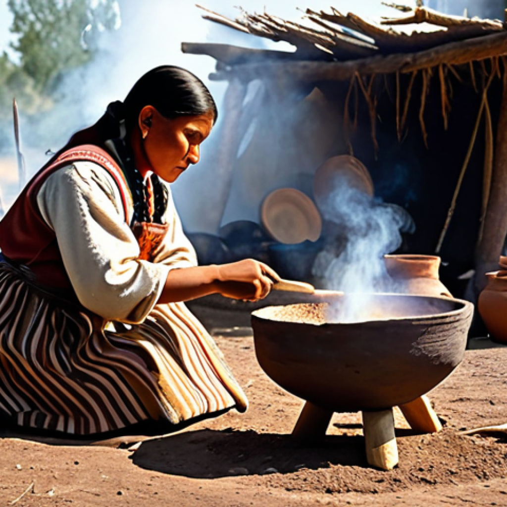 고대 인디언의 식사 관습 - Ancient Native American Meal Preparation**

"Ancient Native American women preparing a meal outdoors...