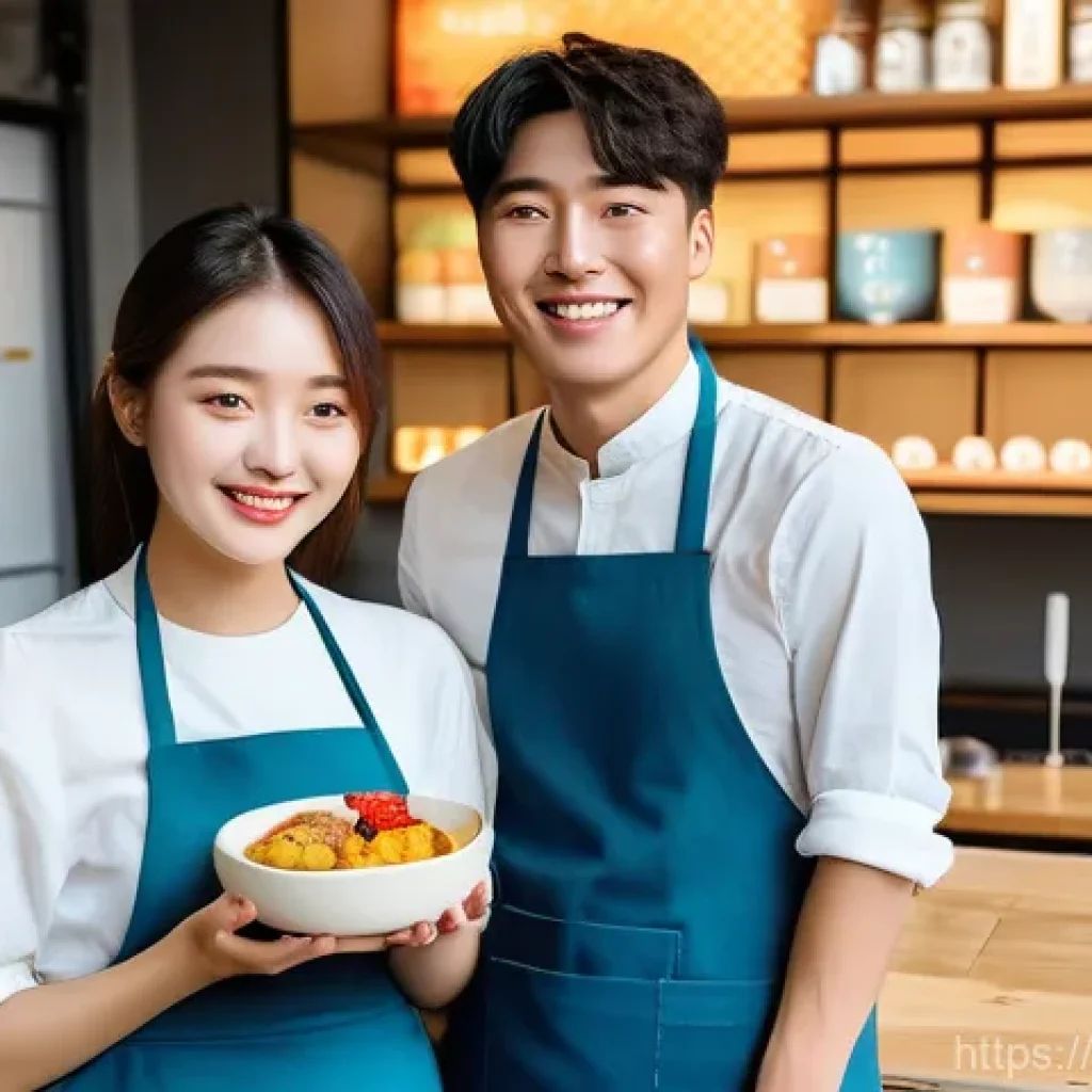 전통 음식의 지속 가능성 - A vibrant, modern cafe interior with a "Newtro" aesthetic, featuring young Korean adults (late teens...