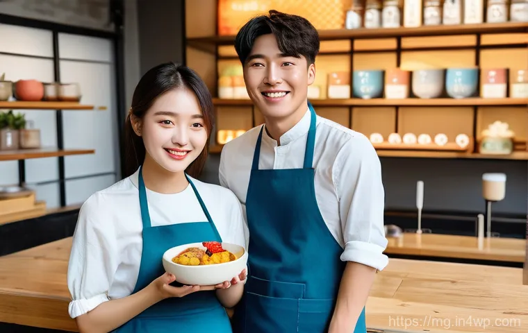 전통 음식의 지속 가능성 - A vibrant, modern cafe interior with a "Newtro" aesthetic, featuring young Korean adults (late teens...