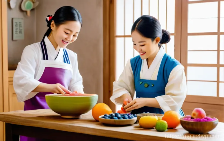 전통 음식의 지속 가능성 - A vibrant, modern cafe interior with a "Newtro" aesthetic, featuring young Korean adults (late teens...