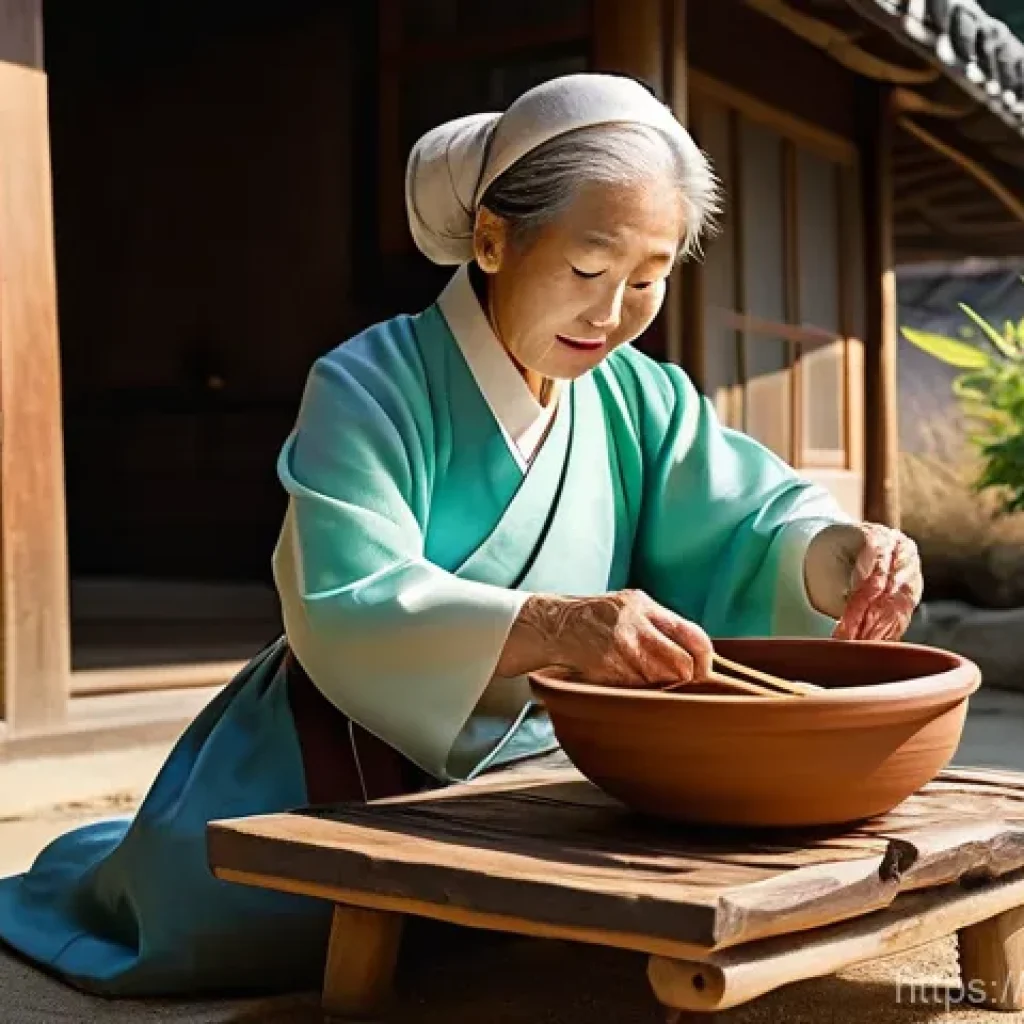 각국의 전통 조리법 비교 분석 - **Prompt 1 (Focus: Fermentation and Natural Tools):**
    "A serene, sun-drenched courtyard of a tra...