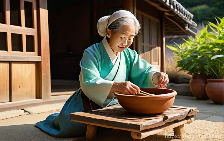 각국의 전통 조리법 비교 분석 - **Prompt 1 (Focus: Fermentation and Natural Tools):**
    "A serene, sun-drenched courtyard of a tra...