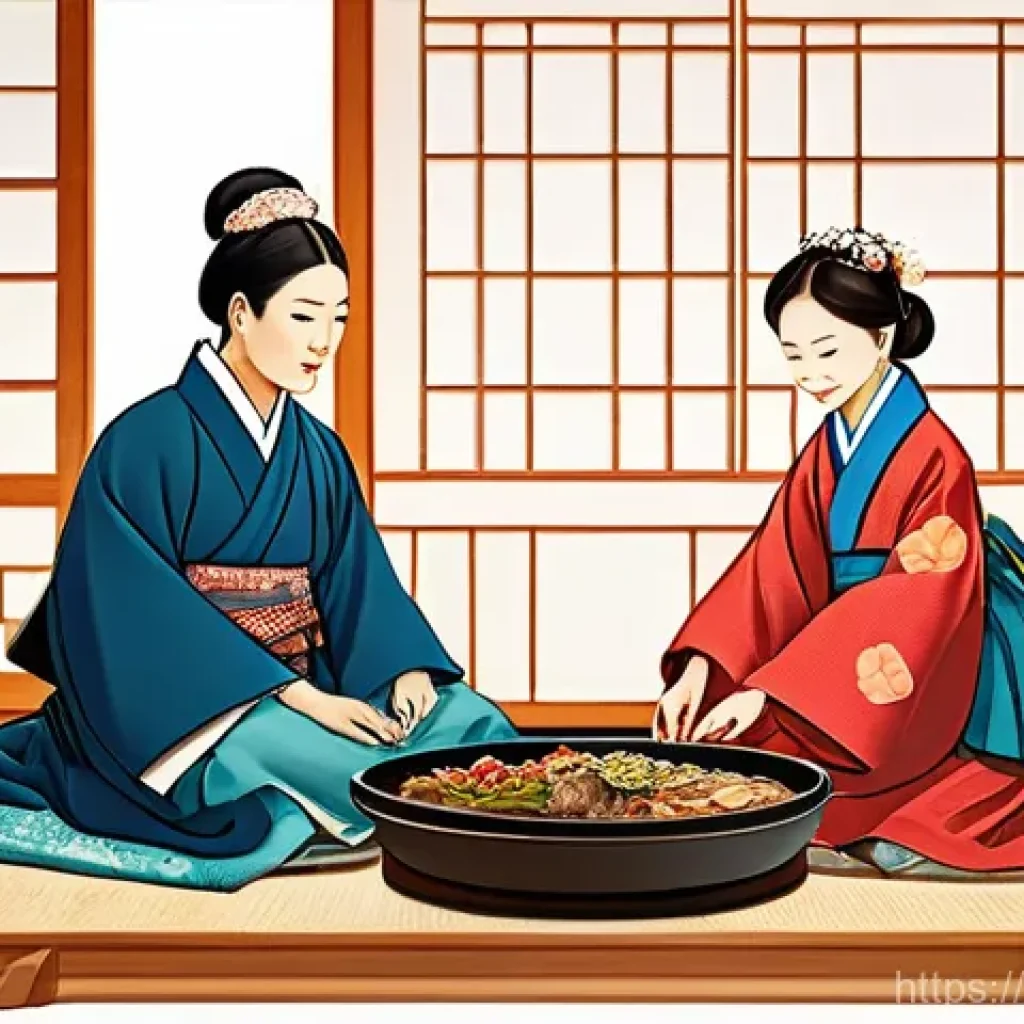 음식 역사 속의 건강과 영양 - **Image Prompt 1: The Evolution of K-Food Wisdom**
    A vibrant illustration depicting a historical...