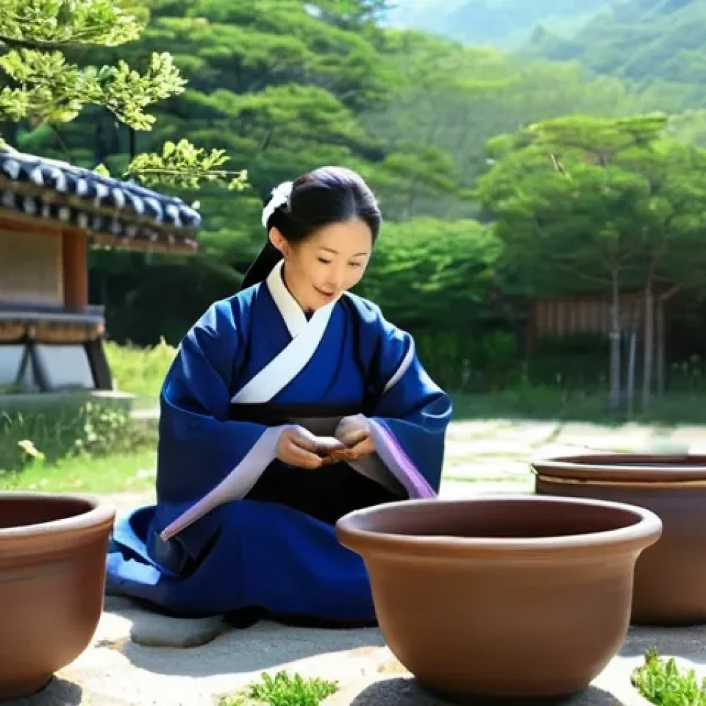 각국의 음식과 문화유산 - **Prompt 1: "A serene and warm scene depicting the traditional Korean 'Jang-damgeugi' (fermenting sa...