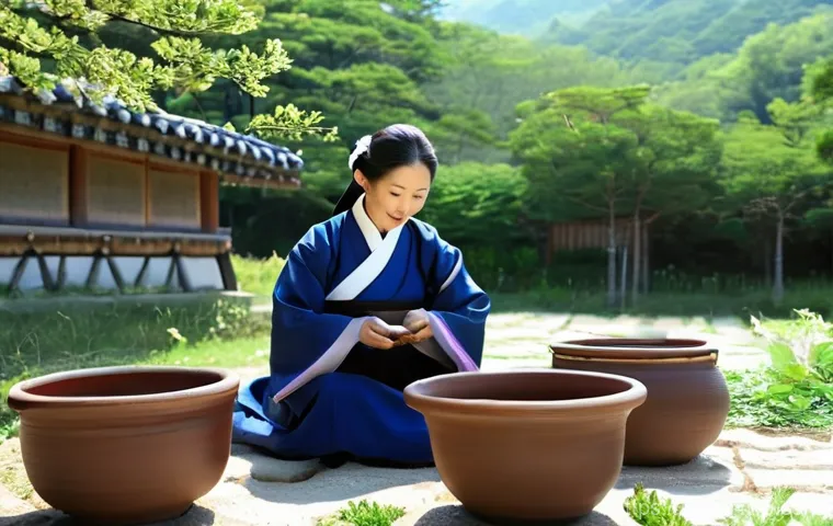 각국의 음식과 문화유산 - **Prompt 1: "A serene and warm scene depicting the traditional Korean 'Jang-damgeugi' (fermenting sa...