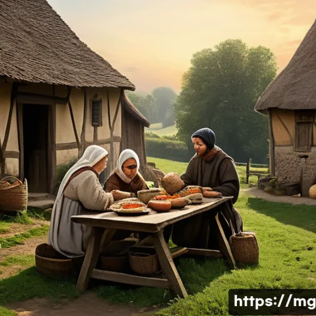 음식 역사 속의 전염병과 식습관 변화 - A medieval European village scene during a period of scarcity and plague. Villagers, dressed in humb...