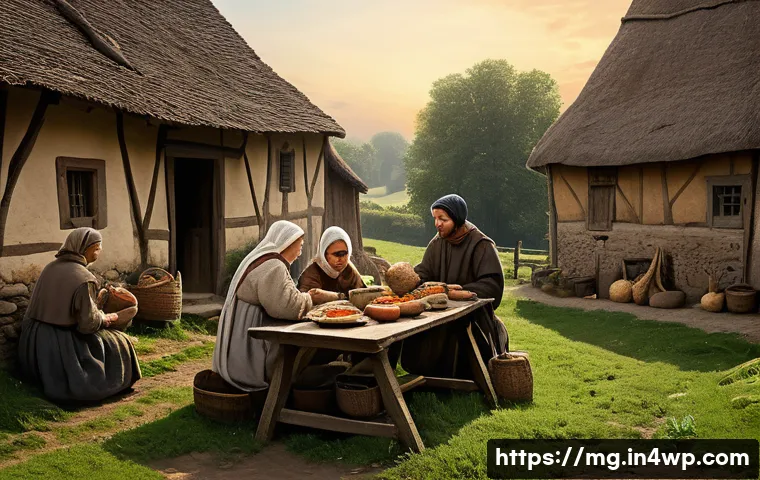 음식 역사 속의 전염병과 식습관 변화 - A medieval European village scene during a period of scarcity and plague. Villagers, dressed in humb...