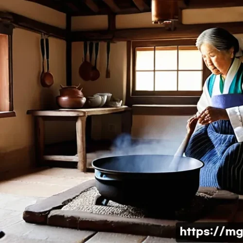 음식 역사 속의 전통 조리 기구 - A warm, nostalgic scene inside a traditional Korean kitchen. An elderly Korean grandmother, wearing ...