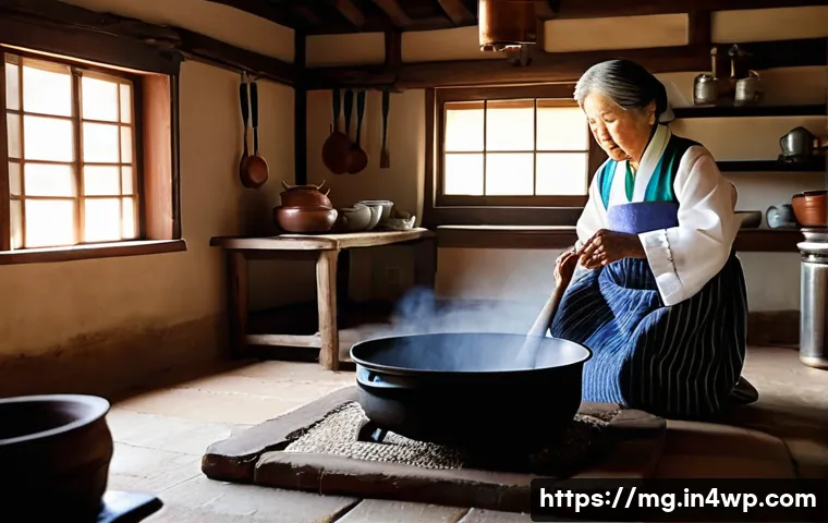 음식 역사 속의 전통 조리 기구 - A warm, nostalgic scene inside a traditional Korean kitchen. An elderly Korean grandmother, wearing ...
