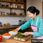 다양한 문화 속의 조리법 변화 - A warm, inviting kitchen setting where a kind-faced elderly Korean woman, wearing a traditional apro...