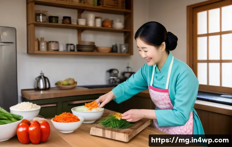 다양한 문화 속의 조리법 변화 - A warm, inviting kitchen setting where a kind-faced elderly Korean woman, wearing a traditional apro...