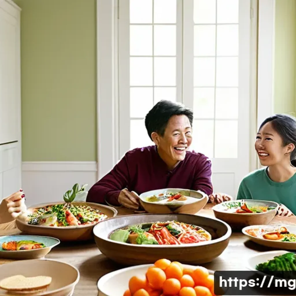 음식 역사 속의 협동 조합 - **A joyful Korean family meal, celebrating healthy living and community.**
    A diverse Korean fami...