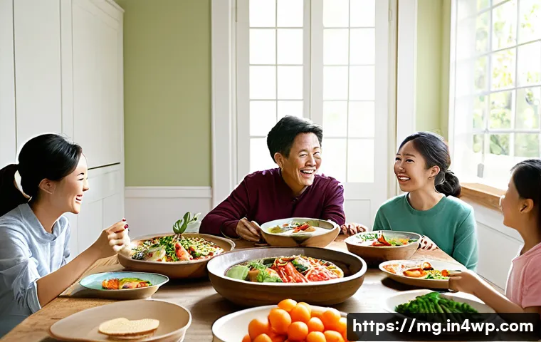 음식 역사 속의 협동 조합 - **A joyful Korean family meal, celebrating healthy living and community.**
    A diverse Korean fami...