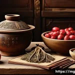 음식과 건강 관리의 역사 - A detailed, warm-toned illustration of an ancient healer’s rustic kitchen table filled with traditio...