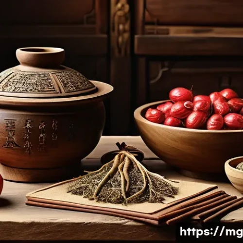 음식과 건강 관리의 역사 - A detailed, warm-toned illustration of an ancient healer’s rustic kitchen table filled with traditio...