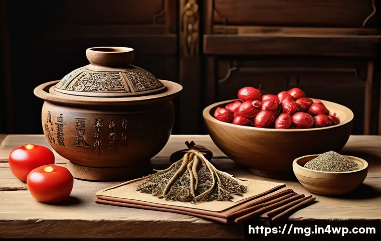 음식과 건강 관리의 역사 - A detailed, warm-toned illustration of an ancient healer’s rustic kitchen table filled with traditio...