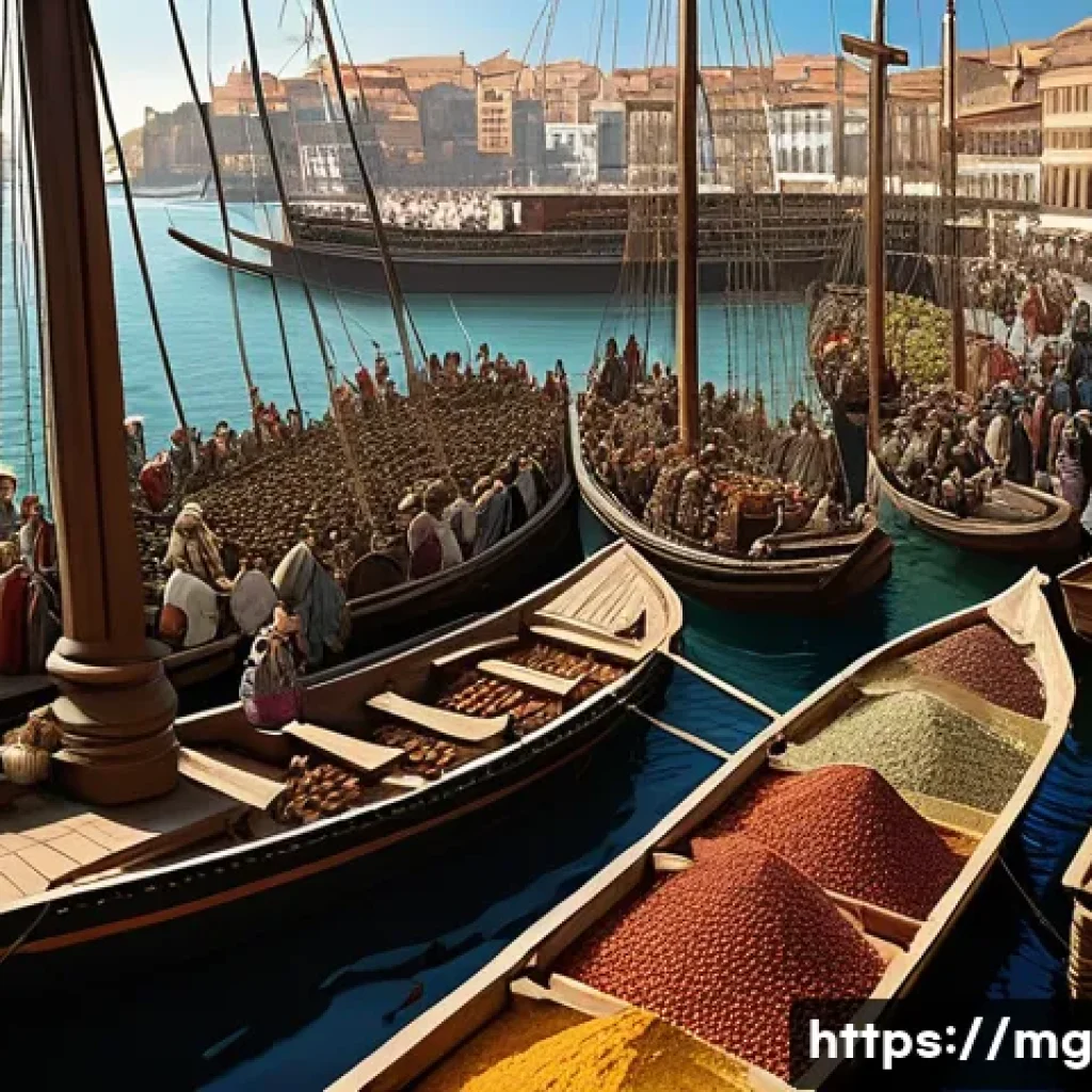 유럽 대항해 시대의 음식 탐사 - A detailed historical scene depicting a bustling 15th-century European spice market near a busy port...