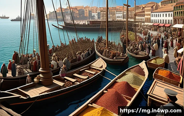 유럽 대항해 시대의 음식 탐사 - A detailed historical scene depicting a bustling 15th-century European spice market near a busy port...