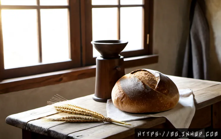 밀과 빵의 역사적 관계 - Photorealistic historical still life showing the relationship between wheat and bread: golden wheat ...