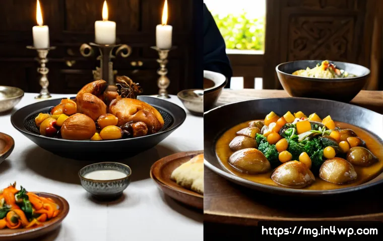 Home 17 음식 역사에서의 귀족 음식과 일상 음식 - Photorealistic historical food comparison scene, split-table composition in a grand medieval dining ...
