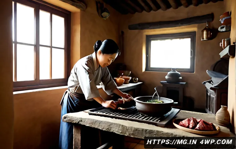 Home 17 전통 고기 조리법의 역사 - Photorealistic historical kitchen scene showing traditional meat preparation: a rustic wooden table ...